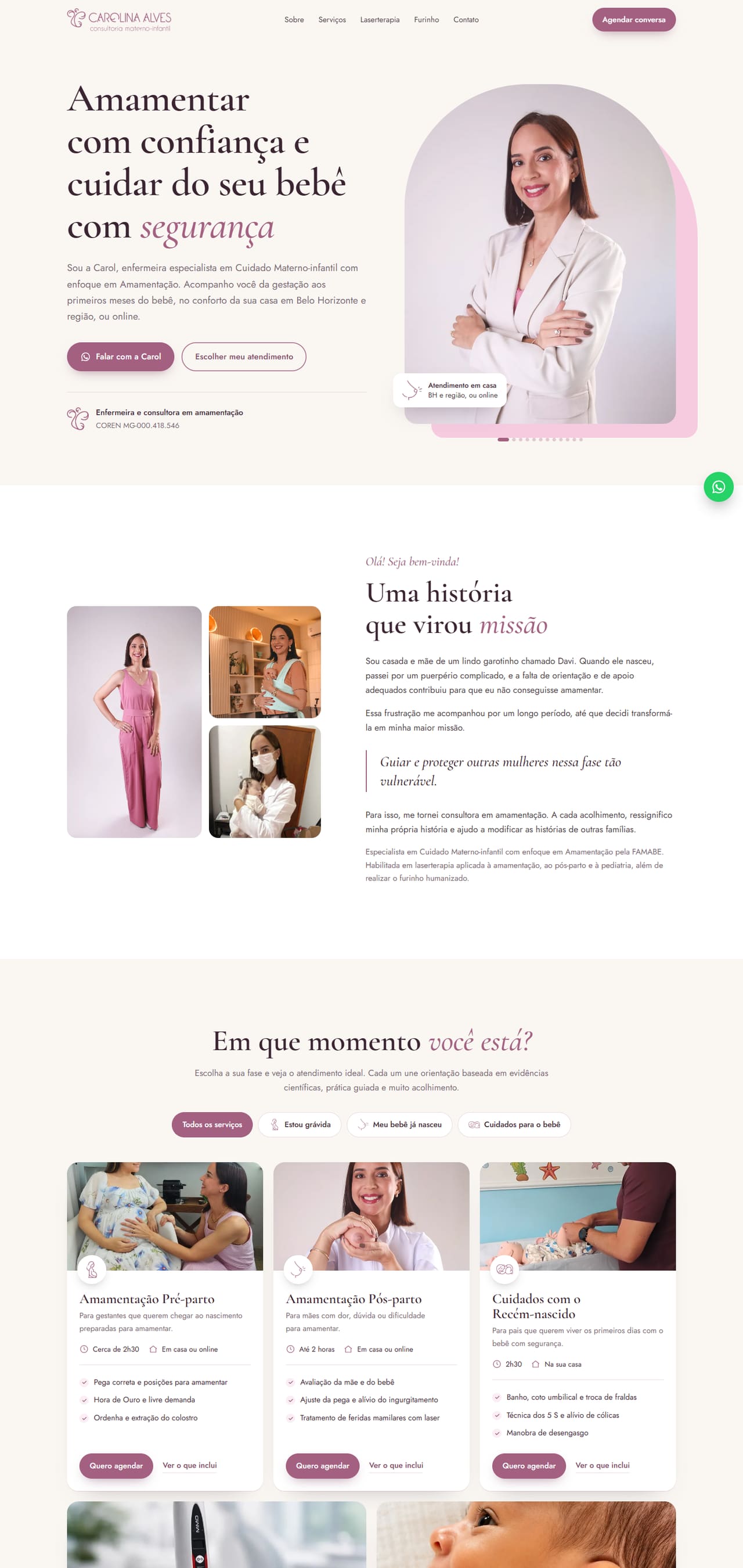 Site da enfermeira Carolina Alves, do topo ao rodapé, no computador