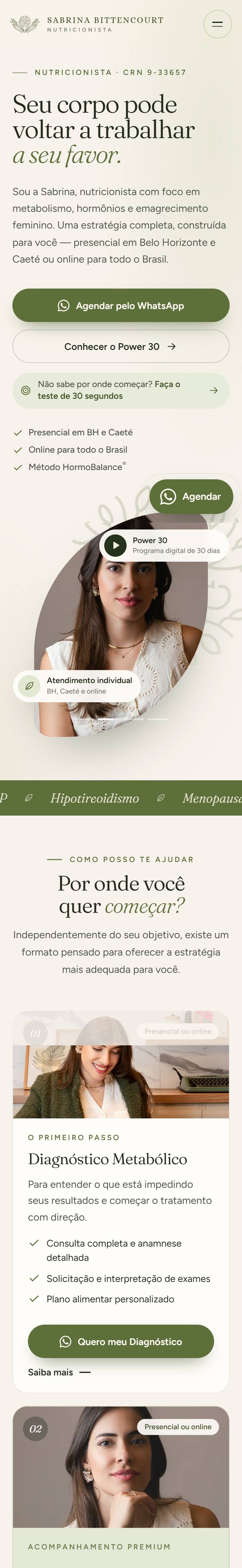 Site da nutricionista Sabrina Bittencourt no celular