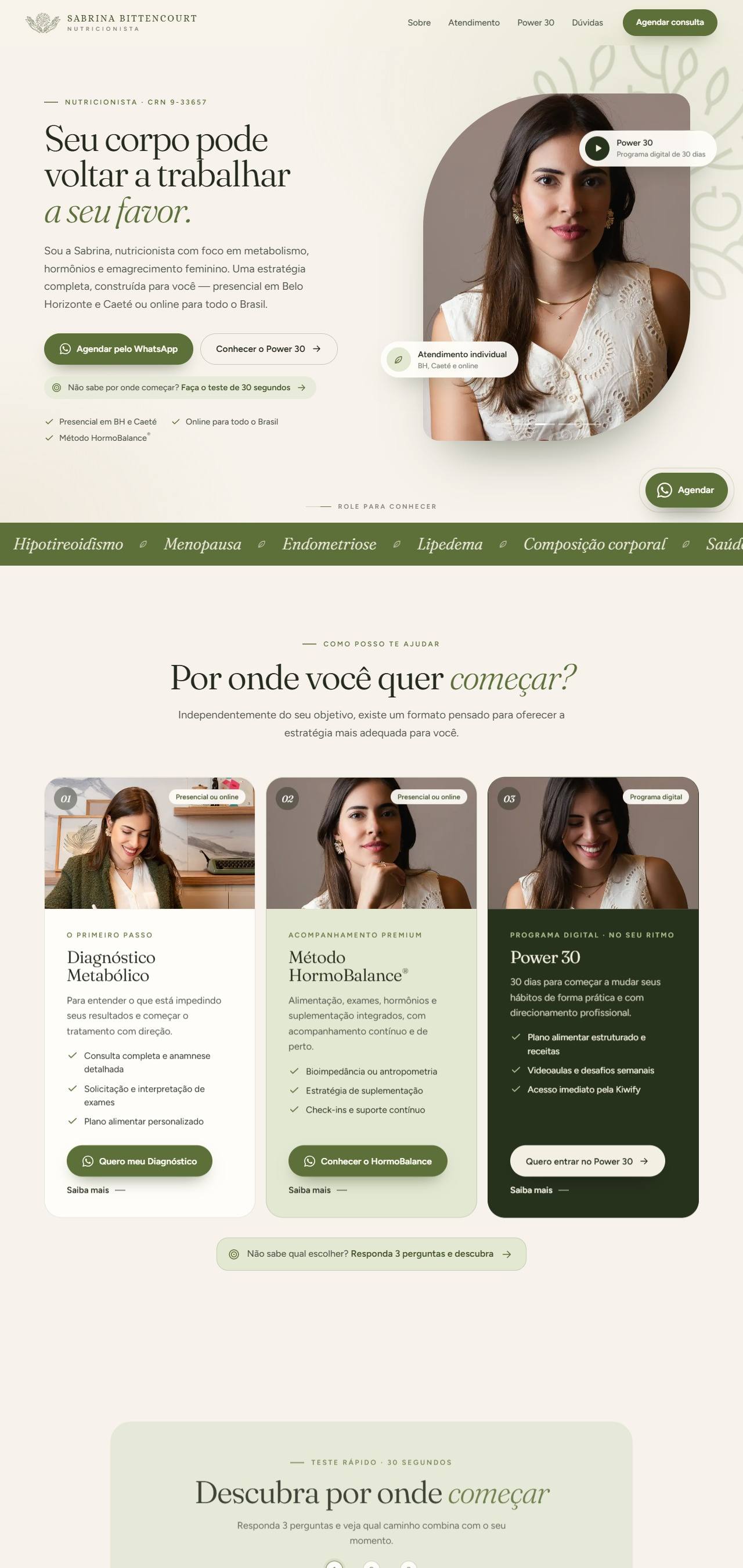 Site da nutricionista Sabrina Bittencourt, do topo ao rodapé, no computador